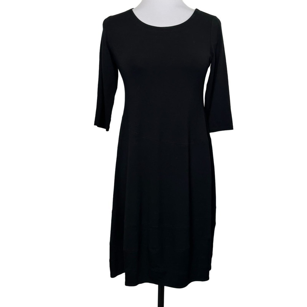 Eileen Fisher Dress Stretch Jersey‎ Knit Black 3/4 Sleeve Shift Size PP Petite